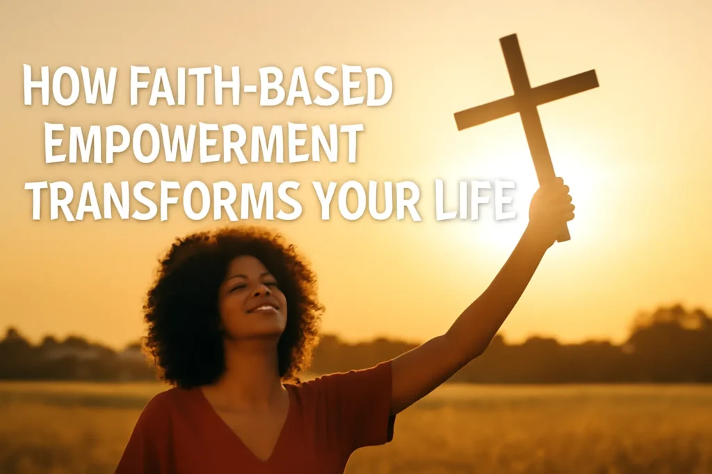 Woman holding a cross in a sunlit field, representing faith-based empowerment and personal transformation.